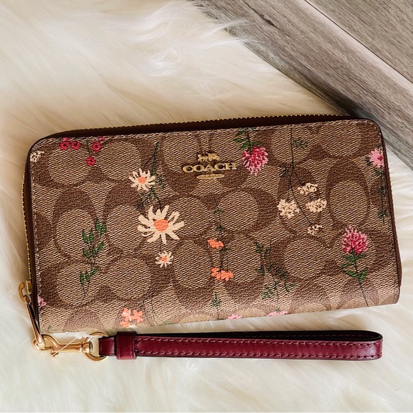 Coach Long Zip Around Wallet In Signature Canvas With Wildflower Print Khaki - Picture 8 of 8